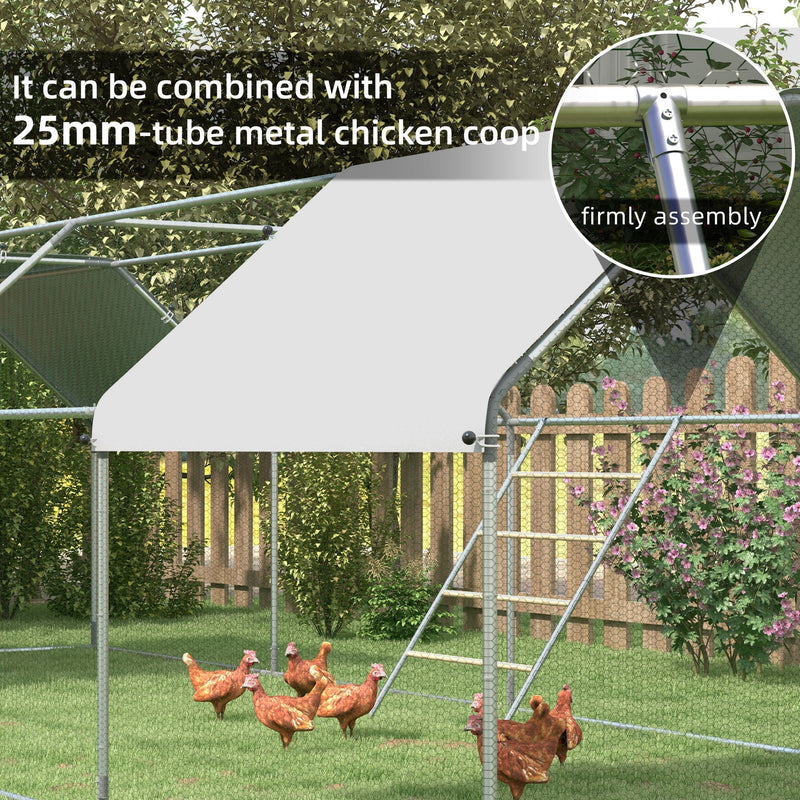 Chicken perch combined with a 25mm-tube metal chicken coop in a garden