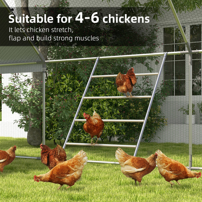 Chickens climbing the perch in a garden coop run, suitable for 4-6 chickens