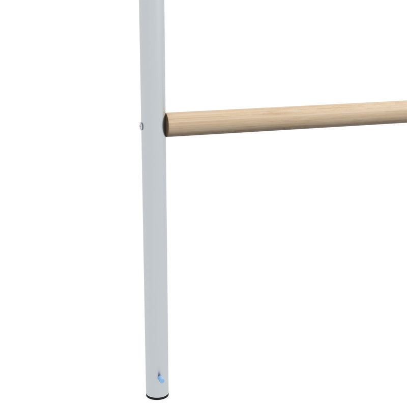 Close-up of a wooden roosting bar fixed to the galvanised steel upright