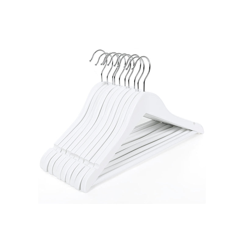 Stack of white children's wooden hangers with chrome swivel hooks