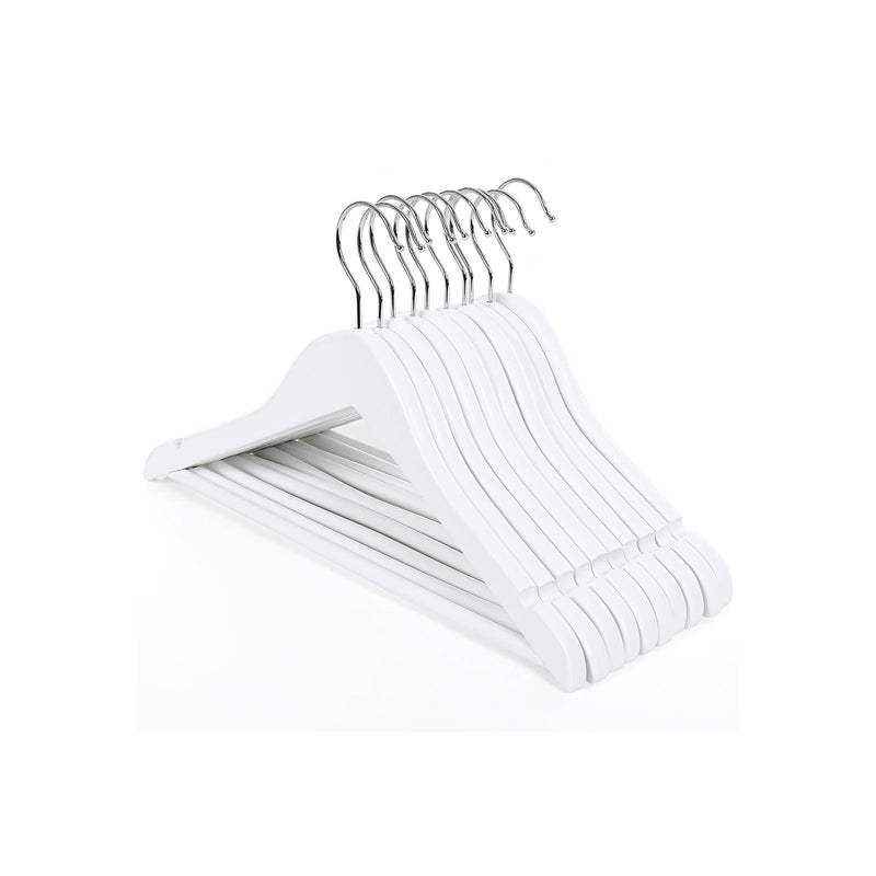 White children's wooden hangers stacked, showing the shoulder shape