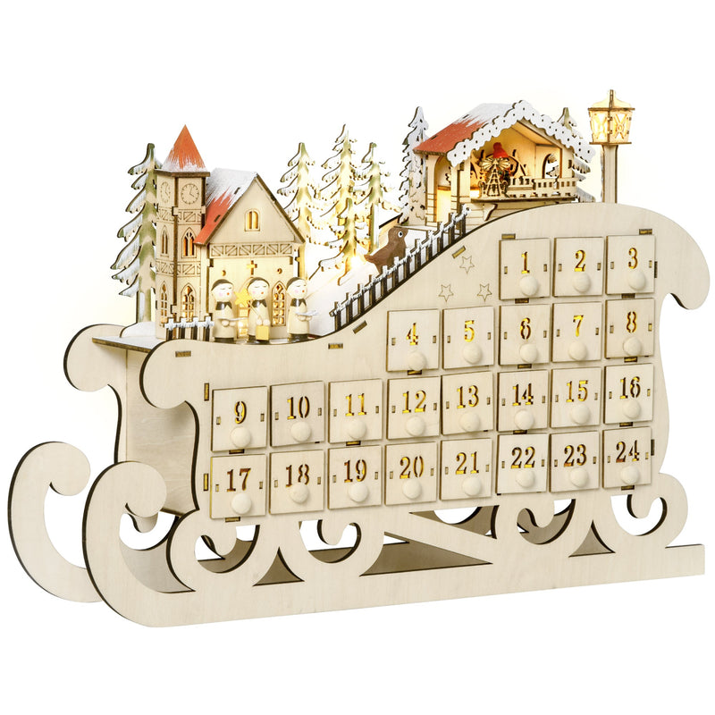 Wooden sleigh advent calendar with 24 numbered drawers and a lit village scene
