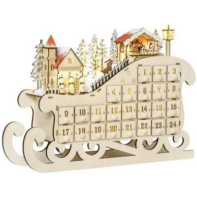 Wooden sleigh advent calendar with 24 numbered drawers and a lit village scene