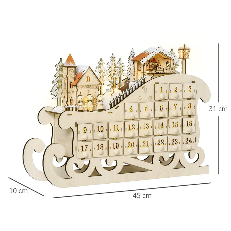Dimensions diagram of the sleigh advent calendar showing 45 cm width, 10 cm depth and 31 cm height