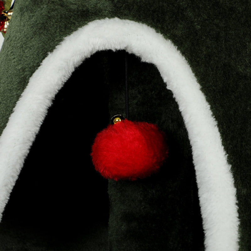 Close-up of the red pom-pom toy hanging inside a condo doorway