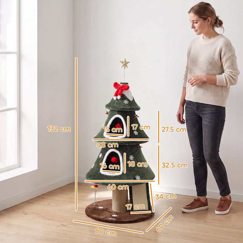 Cat tower with measurements labelled: 132 cm tall, 60 x 60 cm base and condo heights