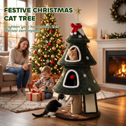 Festive Christmas tree cat tower in a living room with a family and a cat