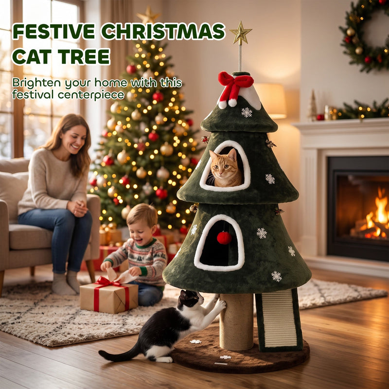 Festive Christmas tree cat tower in a living room with a family and a cat
