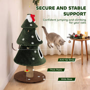 Cat jumping beside the tower with anti-tip strap, thick posts and wide base labelled