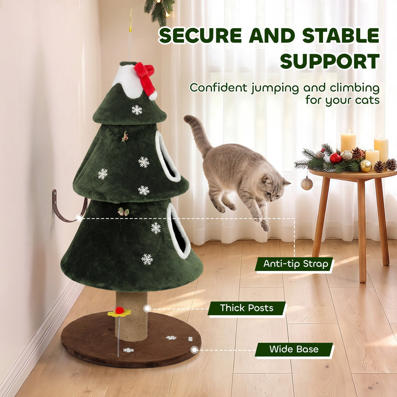 Cat jumping beside the tower with anti-tip strap, thick posts and wide base labelled