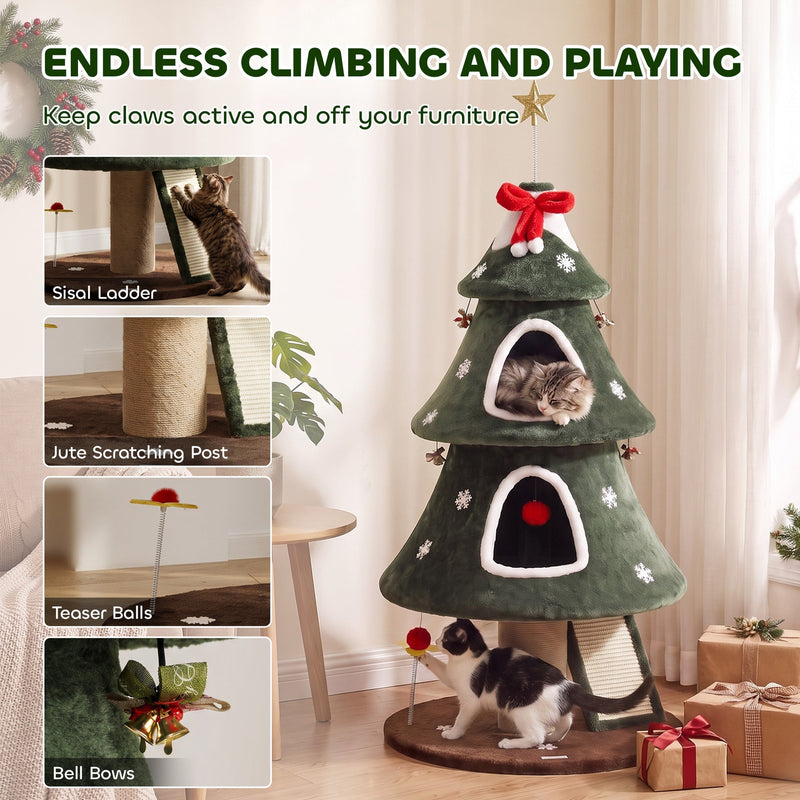 Close-ups of the sisal ladder, jute scratching post, teaser ball and bell bows