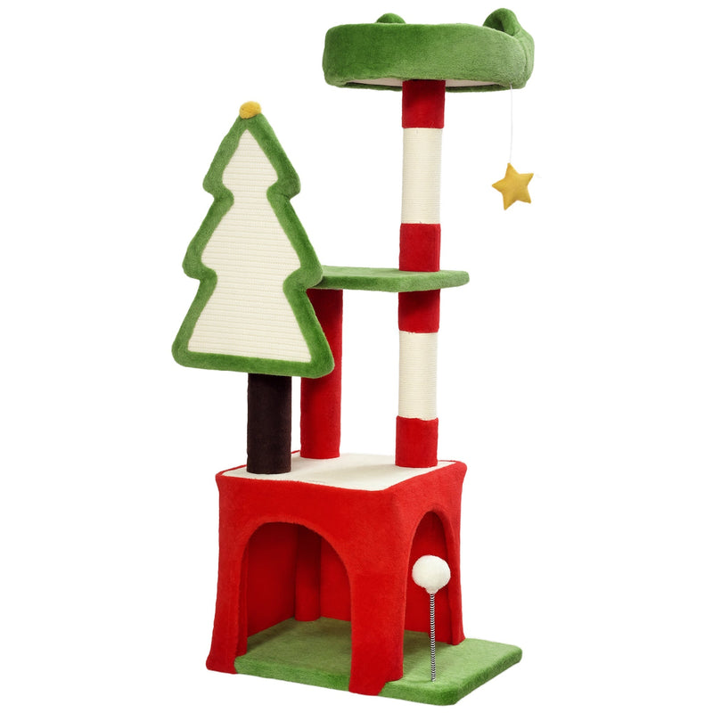 Red and green Christmas cat tree with tree-shaped scratching board, perch and cat house on a white background