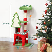 Cat tree with measurements labelled: 103 cm tall, 40 x 30 cm base and 28 cm cat house