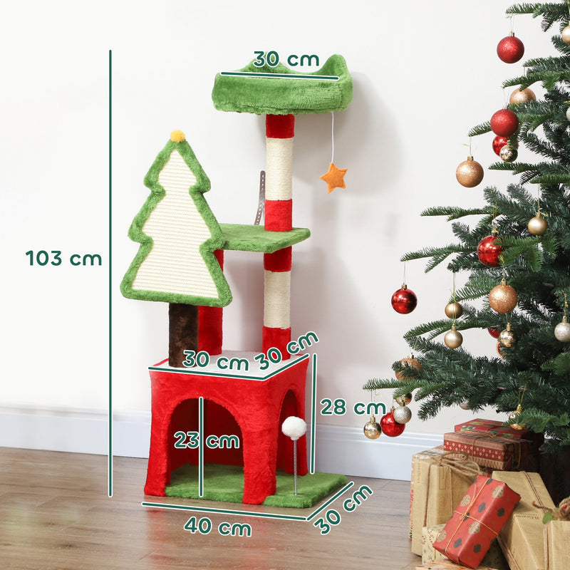 Cat tree with measurements labelled: 103 cm tall, 40 x 30 cm base and 28 cm cat house