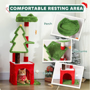 Close-ups of the plush perch, platform and cat house with a cat resting inside