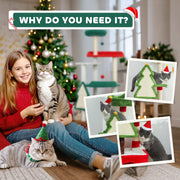 Girl with two cats and inset photos of cats using the scratching board and cat house