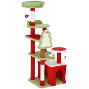Red and green Christmas cat tree with perches, platforms and a cat house on a white background