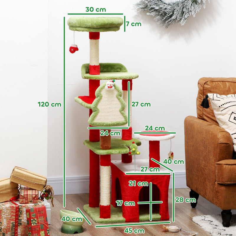 Cat tree with measurements labelled: 120 cm tall, 45 x 40 cm base and cat house size