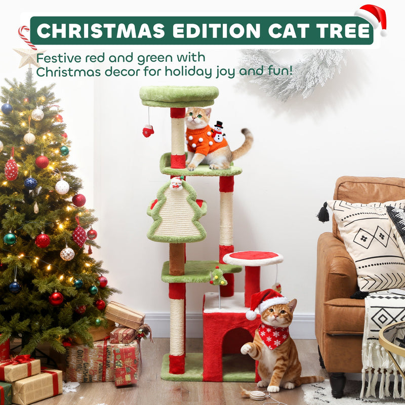 Christmas Edition cat tree with two cats beside a decorated Christmas tree