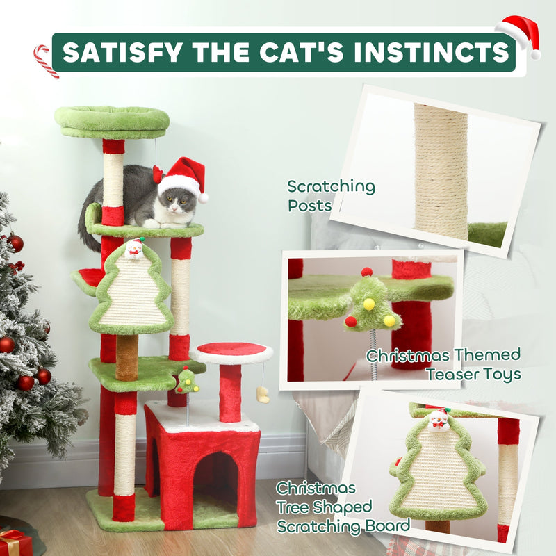 Close-ups of the sisal scratching post, Christmas teaser toys and tree-shaped scratching board