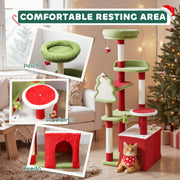 Close-ups of the green top perch, round platform and red cat house