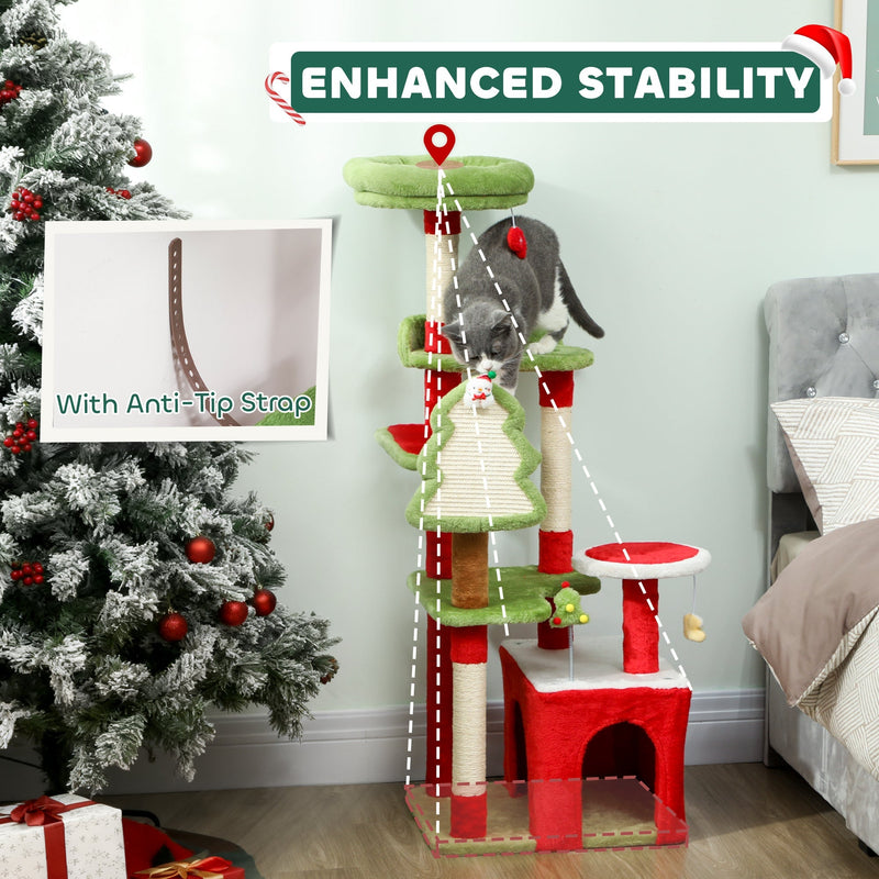 Cat tree with an inset close-up of the anti-tip strap