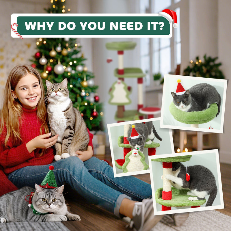 Girl with two cats and inset photos of cats using the perch, scratching board and toys