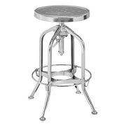 Chrome finish adjustable bar stool with footrest on a plain background