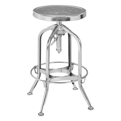 Chrome finish adjustable bar stool with footrest on a plain background