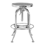 Chrome finish steel bar stool side view on a plain background