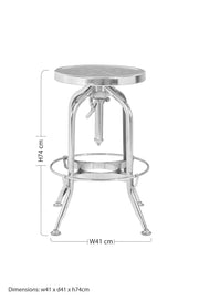 Dimensions diagram for chrome bar stool: 74cm high, 41cm deep, 41cm wide