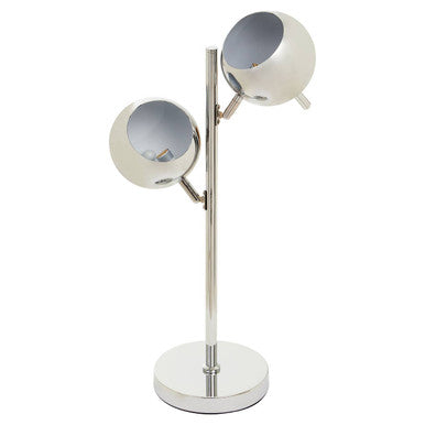 Side view of chrome twin round shade table lamp