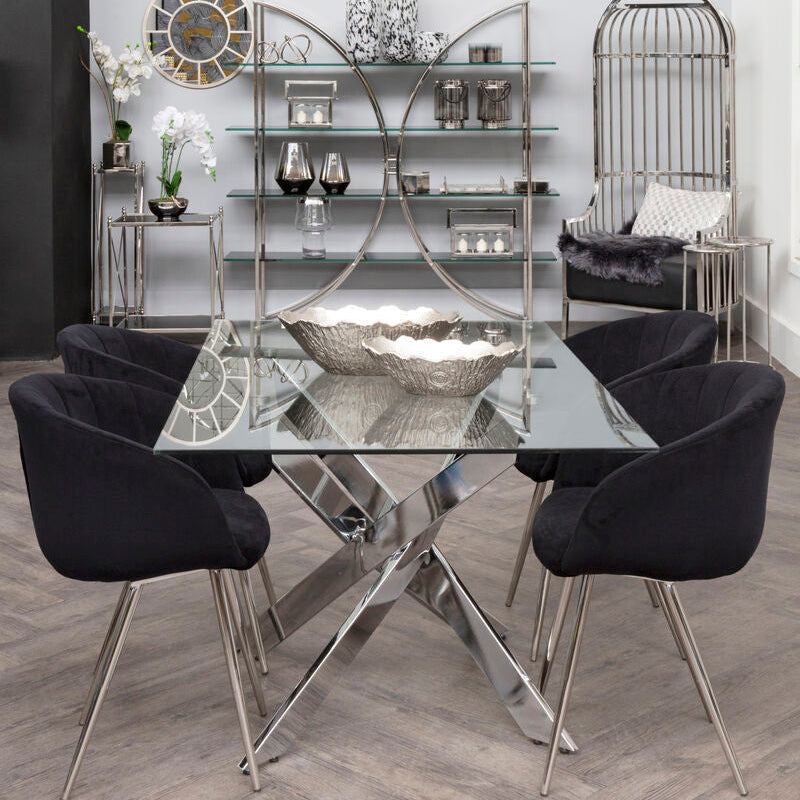 Chrome rectangular glass dining table styled in a modern dining room