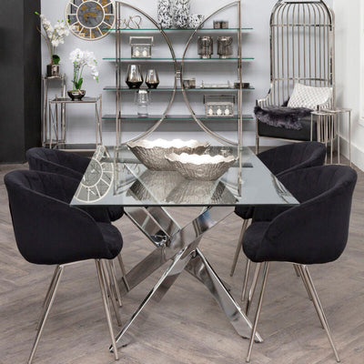 Chrome rectangular glass dining table styled in a modern dining room