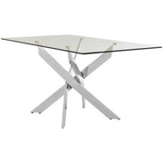 Chrome rectangular glass dining table, front view studio shot
