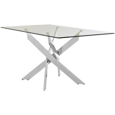 Chrome rectangular glass dining table, front view studio shot
