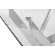 Chrome rectangular glass dining table, side view showing crossed-leg base