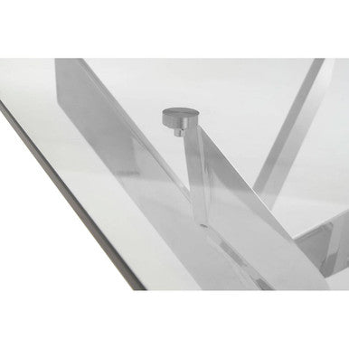 Chrome rectangular glass dining table, side view showing crossed-leg base