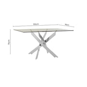 Dimensions diagram of the chrome rectangular glass dining table, 150cm by 90cm by 75cm height
