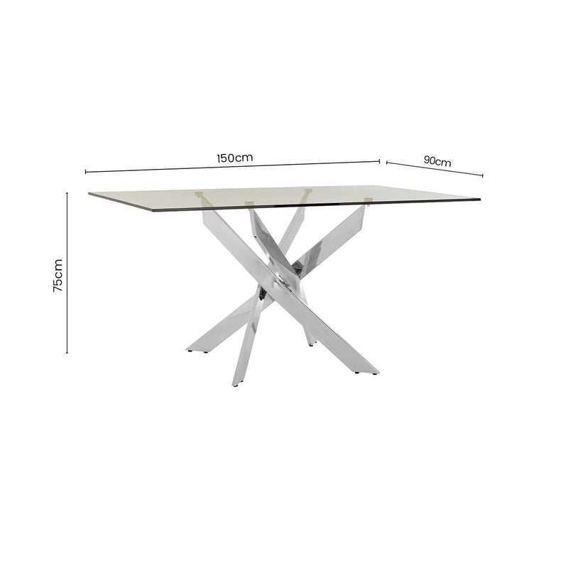 Dimensions diagram of the chrome rectangular glass dining table, 150cm by 90cm by 75cm height