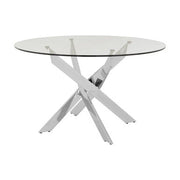 Chrome round glass dining table, studio shot