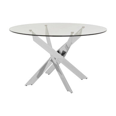 Chrome round glass dining table, studio shot
