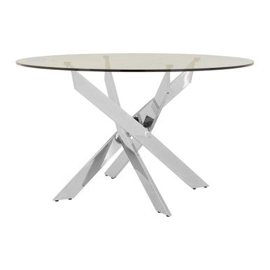 Chrome round glass dining table, side angle studio shot