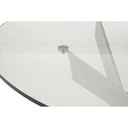 Chrome round glass dining table, close angle of the crossed chrome base