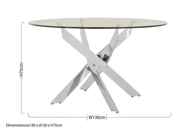 Product specification label detail for the chrome round glass dining table