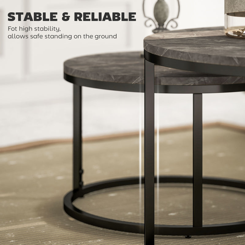 Set of 2 Round Nesting Coffee Tables with Faux Marble Top Steel Frame for Living Room Black