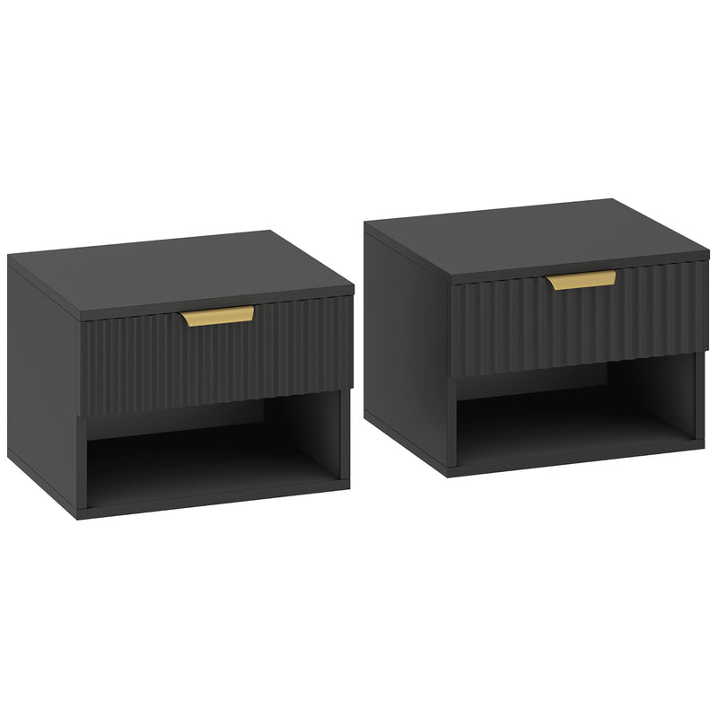 Set of 2 Floating Bedside Tables with Drawer and Shelf for Easy Cleaning Black Gold