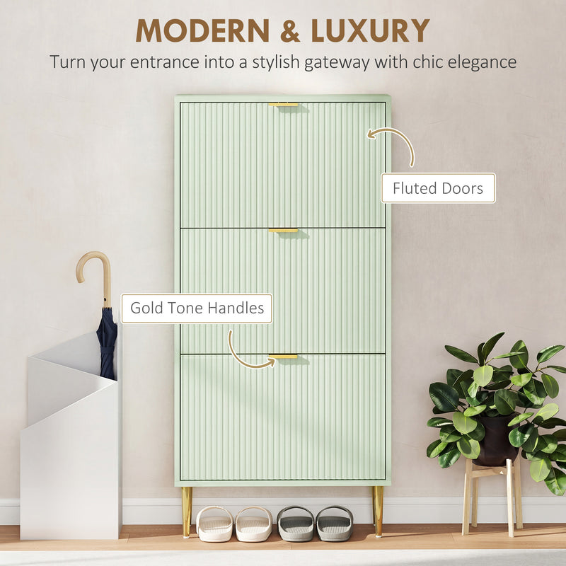 Slim Shoe Cabinet for Hallway Organisation with Flip Drawers and Adjustable Shelves Light Green