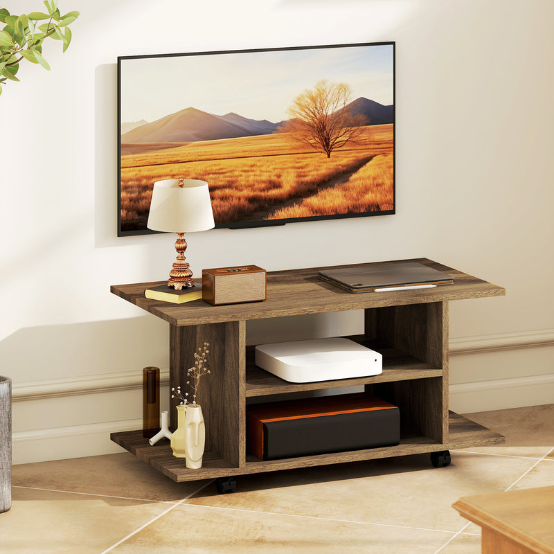 Modern TV Stand With Storage Shelves and Wheels for Bedroom or Living Room Walnut AOSOM