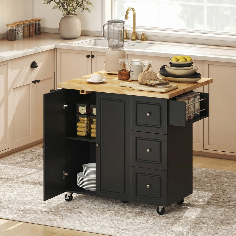 Black Mobile Kitchen Island Trolley With Drop Leaf, Storage Shelves, Drawers, and Rubber Wood Counter Top For Easy Meal Prep